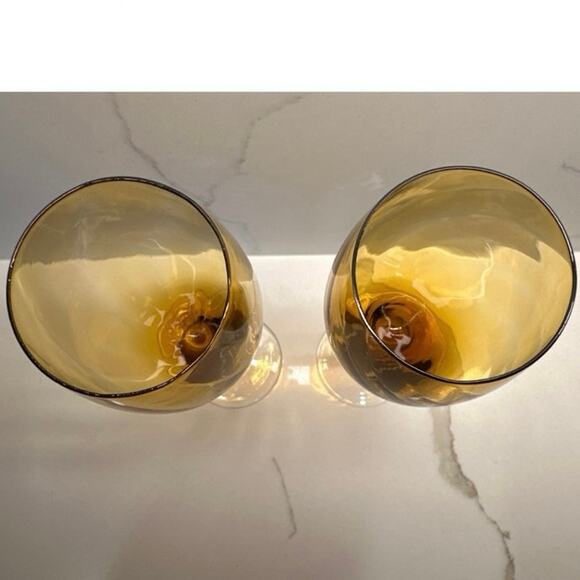 Set of 2 Amber Optic Swirl Wine Glasses Clear Stems 9" Tall Blown Glass 10 oz - Picture 5 of 6